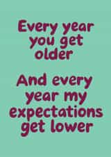 Funny Birthday Card - Every Year My Expectations Get Lower created by @Laura Lonsdale Designs