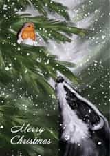 Cute Robin & Badger Christmas Card - Traditional Merry Christmas -Snowy Wildlife created by Jade Blakeley