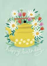 Pretty Birthday Card - Yellow Teapot - Flowers created by Watercolour Sky