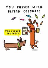 Funny Exam/Congratulations Card - Passed With Flying Colours - Clever Sausage created by mungo and shoddy