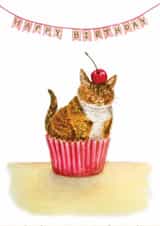 Cute cat in a cupcake case with cherry - Happy Birthday for cat and cake lovers created by Zoe Pearl
