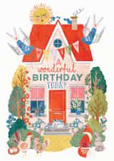 Pretty Cottage Birthday Card for Her with Floral Garden Scene and Cute Animals created by THE PRINTED SQUARE STUDIO