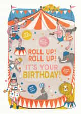 Arty Retro Circus Birthday Card  Roll Up! Roll Up! Vintage Big Top Birthday Card created by THE PRINTED SQUARE STUDIO