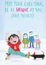 Cute card with boy in pyjamas in the snow with sausage dog and friends watching. created by Maxine Lee-Mackie
