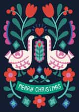 Pretty Christmas Card - Geese And Flowers - Folk Art created by Christine Cuddihy Illustration
