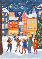 Charming Christmas Card – Snowy Village with Carol Singers & Christmas Tree created by Caroline Bonne Müller