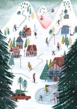 Festive Christmas Card – Snowy Ski Village with Skiers & Christmas Trees created by Caroline Bonne Müller