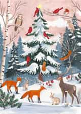 Charming Christmas Card – Snowy Woodland with Deer, Foxes & Cardinals created by Caroline Bonne Müller