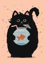 Funny Birthday Card for Friend, Party Animal Black Cat with Goldfish Cocktail created by Baldy And The Fidget