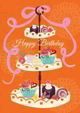 Modern Happy Birthday card fearing a traditional cake stand. created by Laura Darrington Design Ltd.