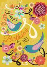 Pretty Birthday Card - Retro - Flowers and Swallows - Happy Birthday To You created by Laura Darrington Design Ltd.