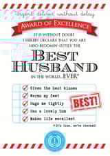 Cute Birthday Card - Husband - Award Of Excellence - Best Husband In The World Ever created by Eskimo Kiss Designs
