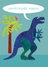 welsh birthday card, penblwydd hapus, dinosaur, cute and funny created by Kali Stileman