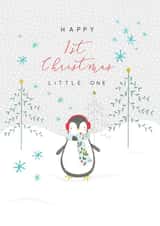 Cute contemporary Grandchild Christmas Card, featuring a little penguin design. created by Laura Darrington Design Ltd.