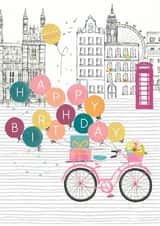 Classic Birthday Card - Bike with Balloons - London Skyline created by Louise Tiler