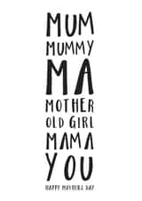 Mum Typographic Mothers Day Card 8845 created by Russet and Gray