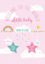 Welcome to the world little lady, new baby girl card born in 2026 created by Rulu