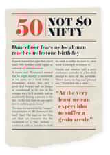 Spoof newspaper card for man turning 50 created by Tess Cards