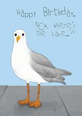 Cheeky Birthday Card - Greedy Seagull - Where's the cake. created by Charlie - Cherry Pie Lane