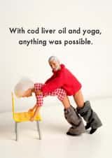 Cod liver oil and yoga card created by Bold & Bright Cards