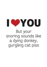 Funny Valentines Day Card - Snoring - I Love You But Your Snoring Sounds Like A Dying Donkey Gurgling cat Piss created by Silly Prints