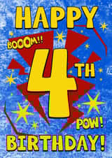 Cute 4th Birthday Card - Boom! Pow! - Superhero created by Alex Dato