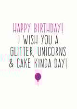 Glitter unicorns and cake birthday card created by Purple Tree Designs