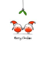 Two Robins - Cute - Mistletoe - Couple - Boyfriend - Girlfriend - Festive Robins - Holding Hands - Love Birds - Christmas Card created by Charlene Mitchell