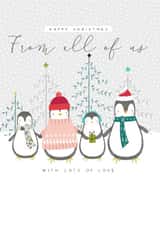 Modern/contemporary cute Christmas Card, featuring a family of penguins design. created by Laura Darrington Design Ltd.