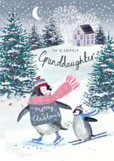 Classic Christmas Card - For Granddaughter - Penguins - Winter Scene created by Louise Tiler
