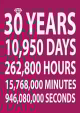 Funny Typography Countdown Anniversary Card - 30 Years - 30 Years, 10950 Days, 262800 Hours, 15768000 Minutes, 946080000 Seconds created by Dottie Mottie