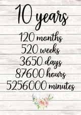Cute Typography 10 Year Anniversary Card - 10 Years - 10 Years, 120 Months, 520 Weeks, 3650 Days, 87600 Hours, 5256000 Minutes created by Victoria Davidson
