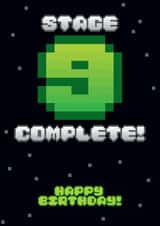 Stage 9 cleared! Celebrate a birthday with retro pixels and space adventure. created by Fatchair Print
