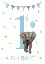 Happy 1ST Birthday Elephant card - blue balloon birthday - first birthday card created by SVHIllustration