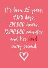 Cute Typography Anniversary Card - 25 Years - It's Been 25 Years, 9125 Days, 219000 Hours, 13140000 Minutes, And I've Loved Every Second created by Dottie Mottie