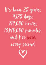 Cute Typography Anniversary Card - 25 Years - It's Been 25 Years, 9125 Days, 219000 Hours, 13140000 Minutes, And I've Loved Every Second created by Dottie Mottie