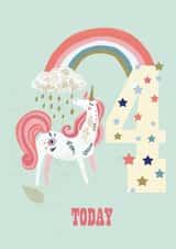 Rainbow and unicorn 4 year olds birthday card created by Sally Darby Illustration