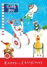 Fun wheelchair snowman Christmas thank you greeting card from a person with special needs, or additional needs. created by Milport Studios