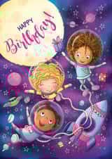 Space Adventure Birthday Card for Girls – Cute Astronaut Theme with Rockets and Planets created by Karmuka