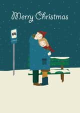 Cute - Cuddle - Love - Couple - Girlfriend - Boyfriend - Romantic - Bus Stop - Snowfall - Christmas Card created by Grietas Illustrations