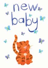 Gender neutral non traditional new baby card with cute baby tiger created by Jo Brown