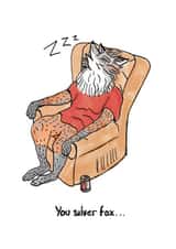 Funny Sleeping Silver Fox Birthday Card – Humorous Beer & Fox Design for Him created by Sarahwillco