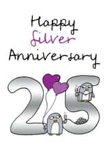 Cute Silver Anniversary Card - 25 Years - Penguins - Happy Silver Anniversary created by Penguin Parade