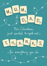 Scrabble - Board Games - Traditional - Mum and Dad - Mum - Dad - Thanks - Spelling - Grateful - Cute - Christmas Card created by NEEDL designs