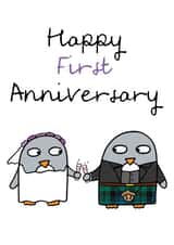 Cute Penguin Bride And Groom Anniversary Card - 1 Year - Happy First Anniversary created by Penguin Parade