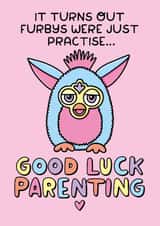 Funny Nostalgia Furby New Baby Card - Good Luck .Parenting created by Katie Ruby Illustration