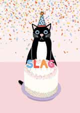 Rude cat birthday cake card with 'slag' candles created by Sweary Cats by Leaf Lane Studio