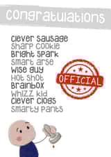 Official Clever Sausage Exam Congratulations Card created by Presents Felt