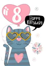 Cool cat sunglasses - 8th Birthday card - hearts and balloon - fun for her created by Little Cat Creates