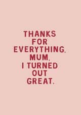 Funny & Cheeky Mother's Day Card - Mum - Thanks For Everything Mum I Turned Out Great created by Too Wordy